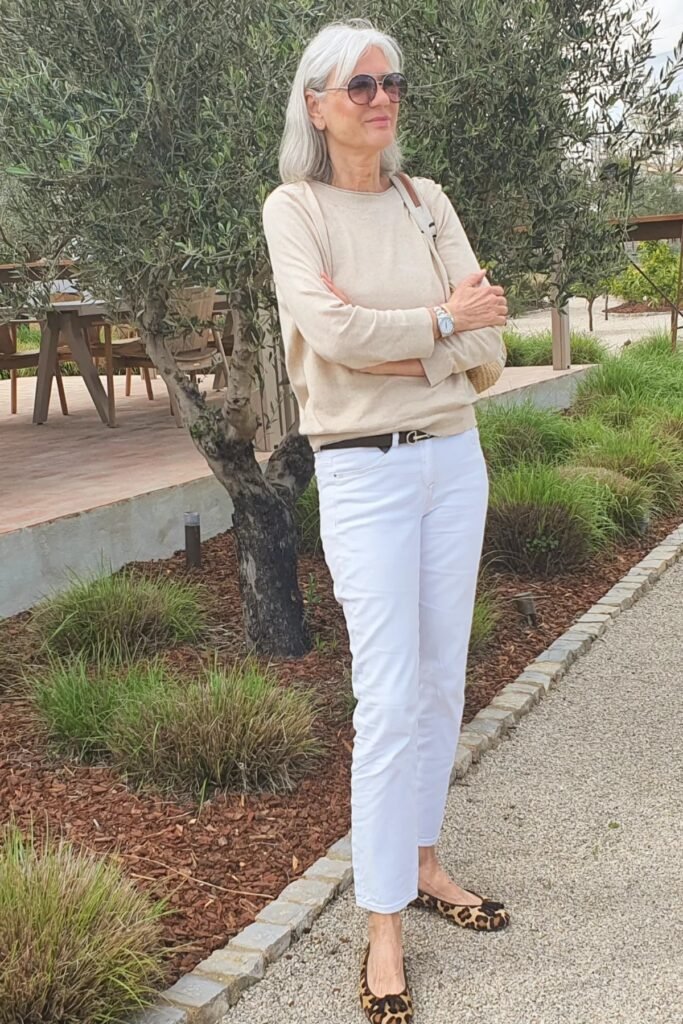 Beige Crewneck Sweater + White Slim-Fit Jeans + Leopard Print Ballet Flats