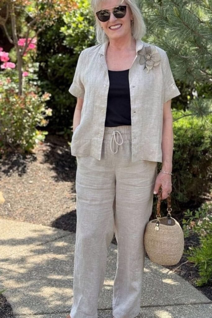 Beige Linen Short-Sleeve Button-Up + Matching Linen Trousers + Black Tank Top