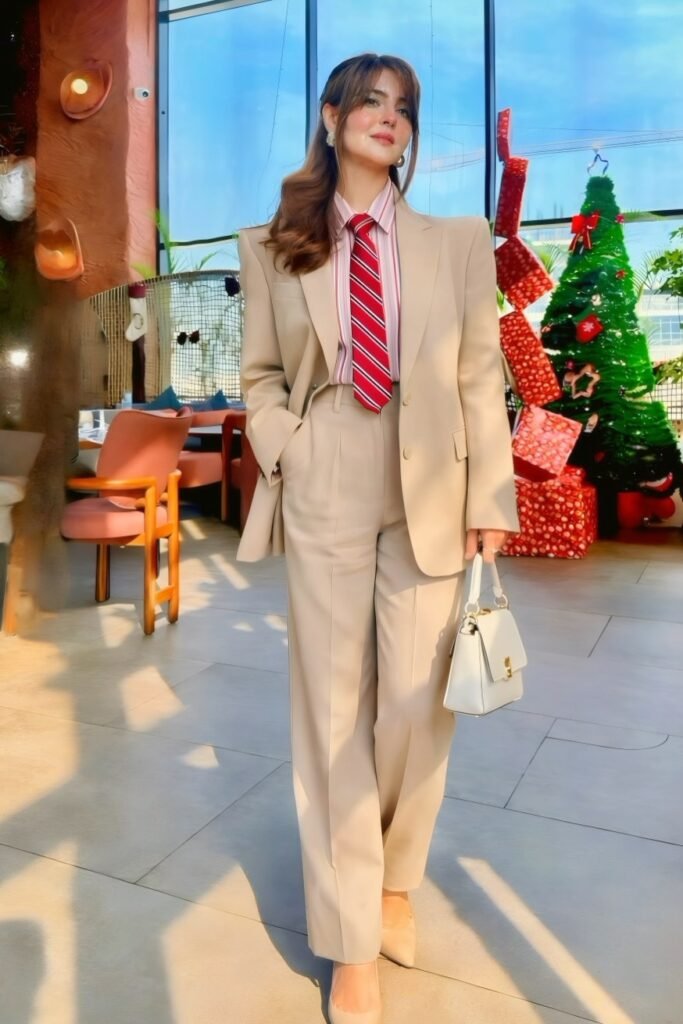 Beige Oversized Suit + Red and White Striped Shirt + Red Striped Tie