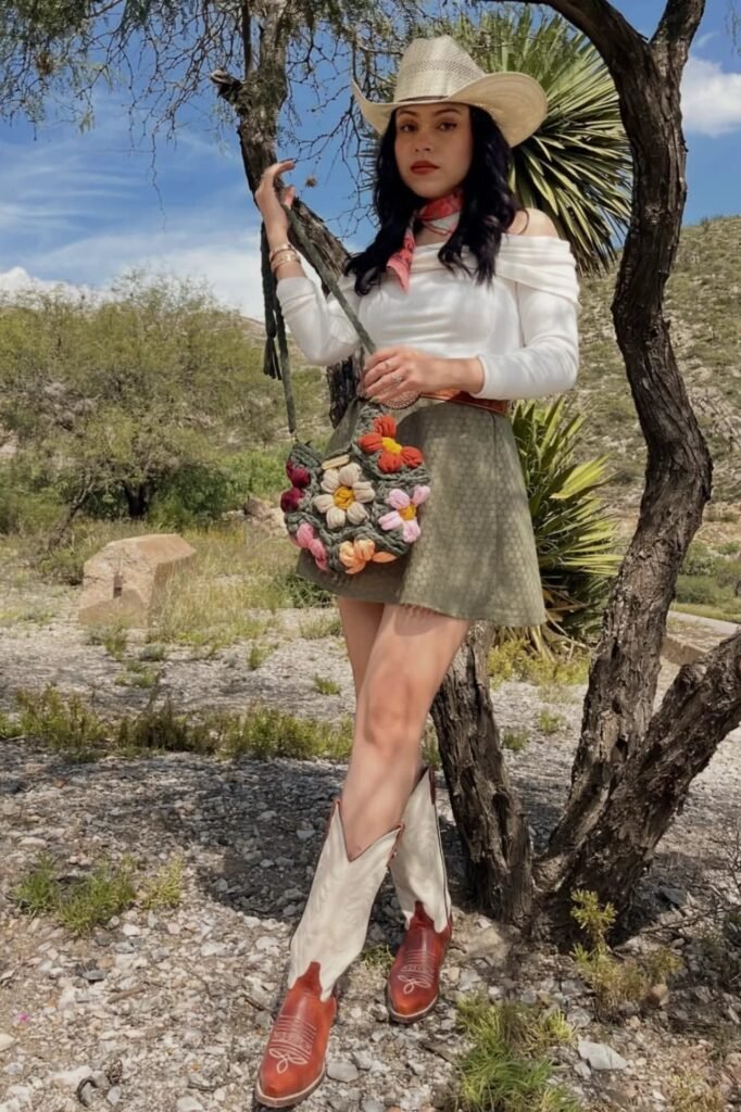 Beige Straw Cowboy Hat + White Off-the-Shoulder Long Sleeve + Olive Green Mini Skirt + Two-Tone White and Brown Boots