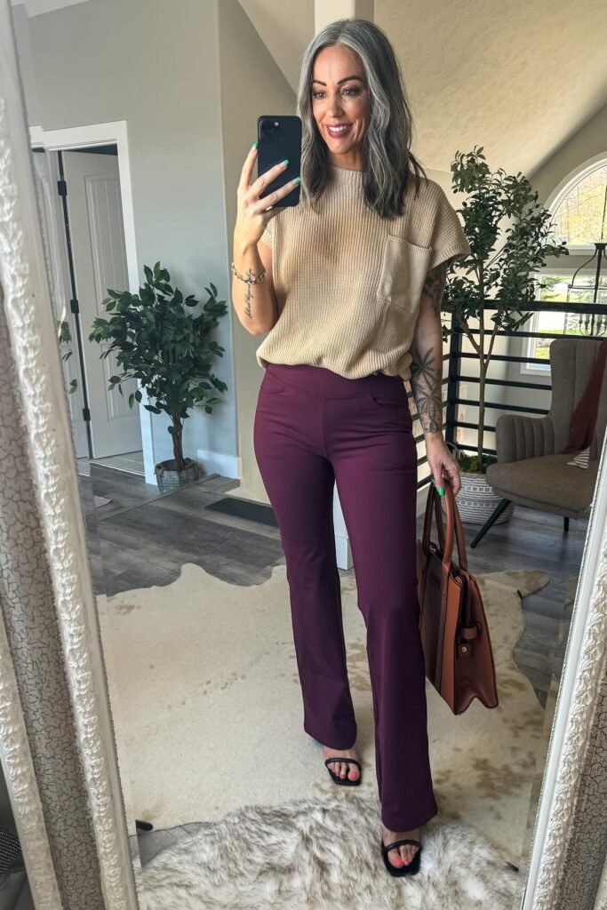 Beige Textured Cap-Sleeve Sweater + Deep Plum Flared Trousers + Black Strappy Sandals + Brown Leather Tote