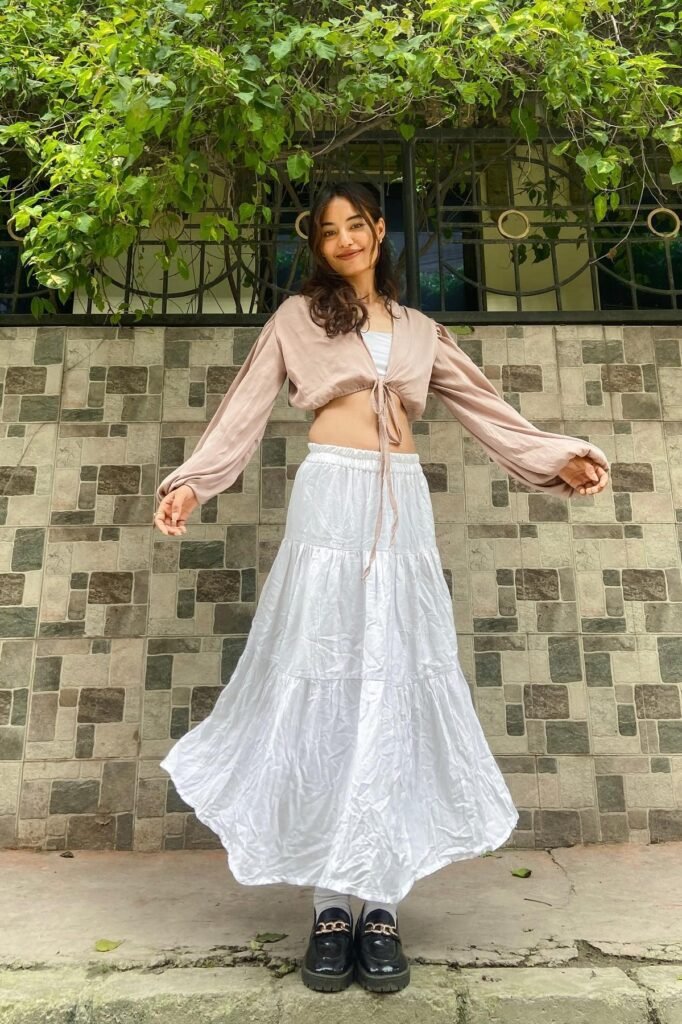 Beige Tie-Front Crop Top + White Tiered Maxi Skirt + Black Platform Loafers