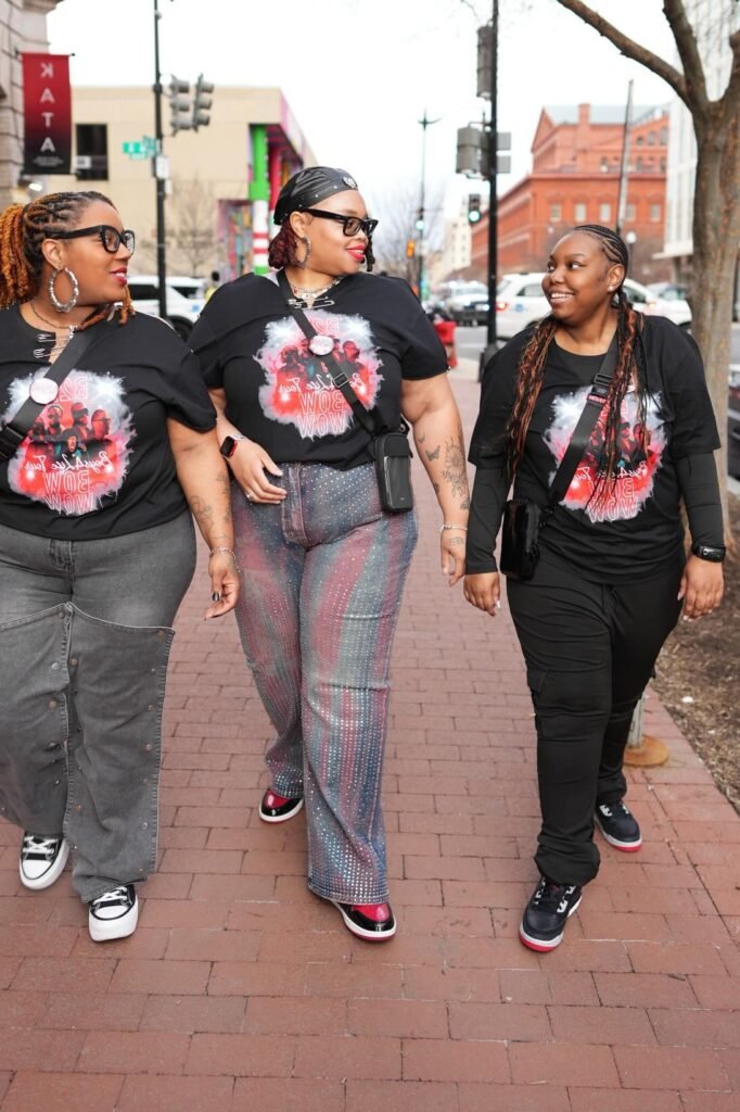 Black B2K Graphic T-Shirts + Distressed Grey Jeans / Glitter Striped Trousers / Black Cargo Pants + Black and White Sneakers