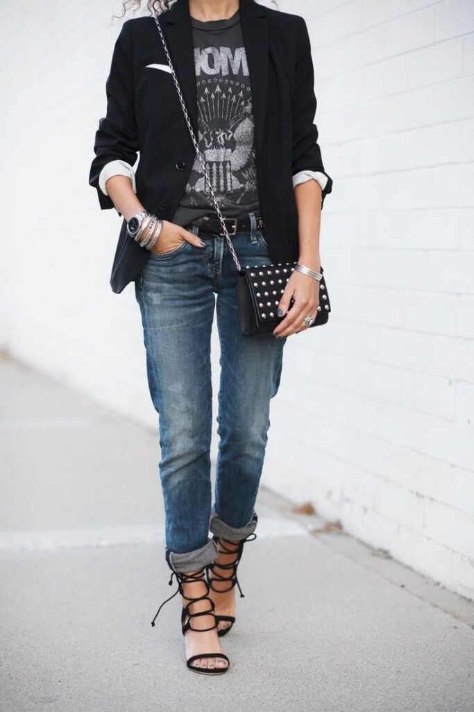 Black Blazer + Grey Graphic T-shirt + Slim Blue Jeans