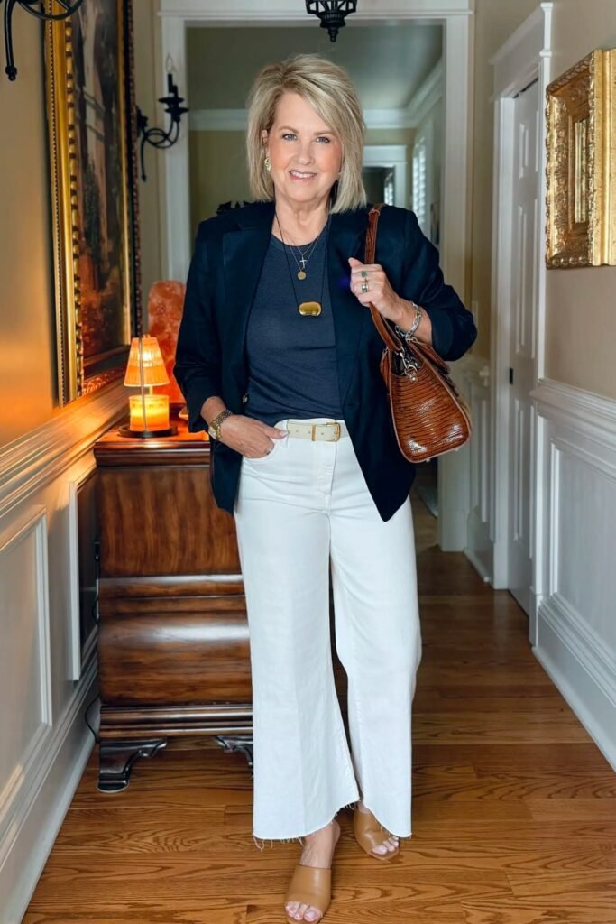 Black Blazer + Navy T-shirt + White Wide-Leg Raw-Hem Jeans + Tan Leather Mules