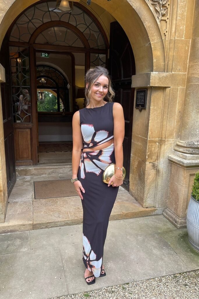 Black Butterfly-Print Cut-Out Maxi Dress + Black Square-Toe Sandals + Gold Hard-Shell Clutch