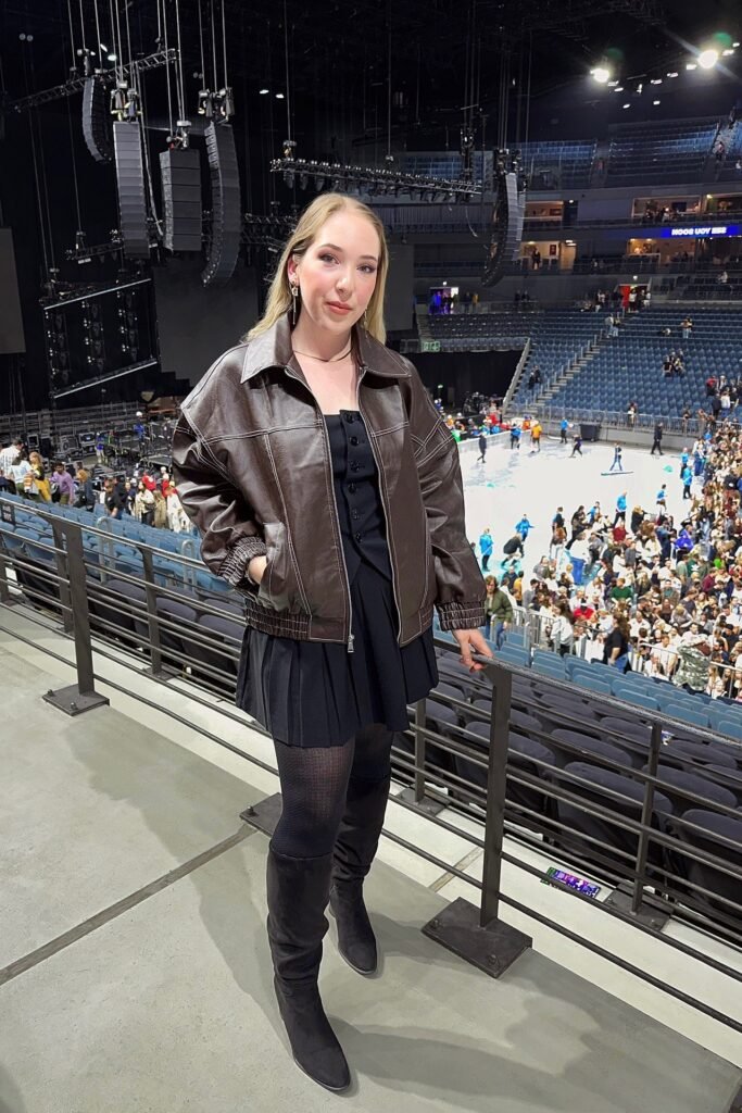 Black Button-Up Mini Dress + Oversized Brown Leather Bomber Jacket + Black Over-the-Knee Boots