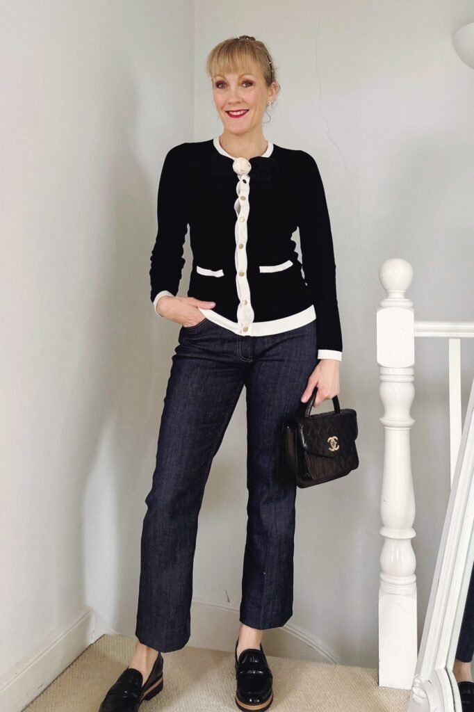 Black Contrast Trim Cardigan + Dark Wash Slim Jeans + Black Patent Loafers