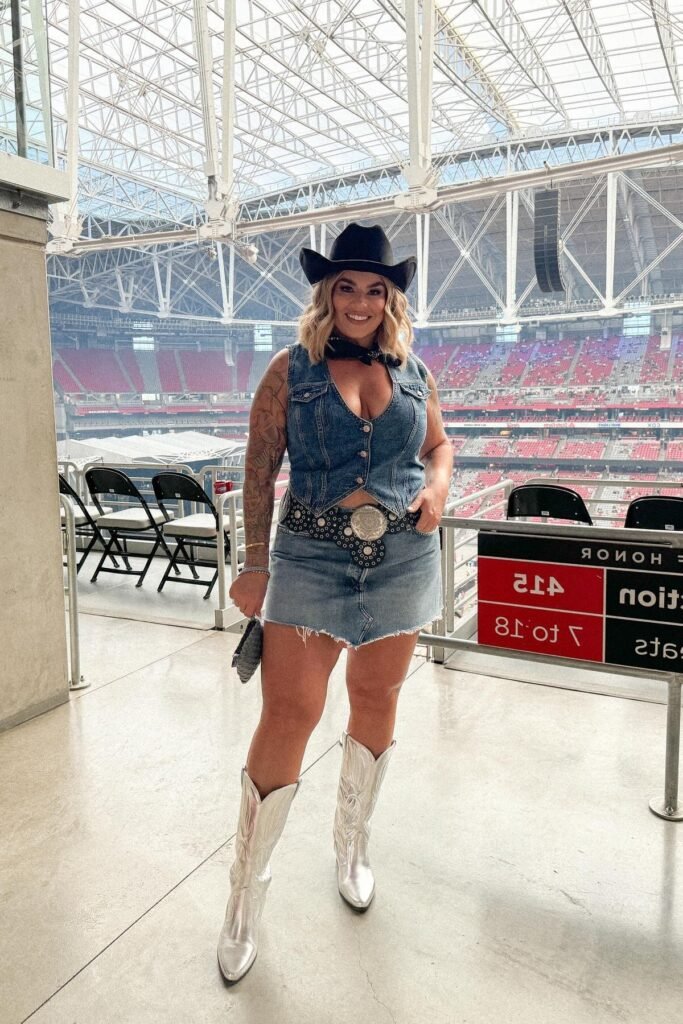 Black Cowboy Hat + Denim Vest + Denim Mini Skirt + Silver Metallic Boots