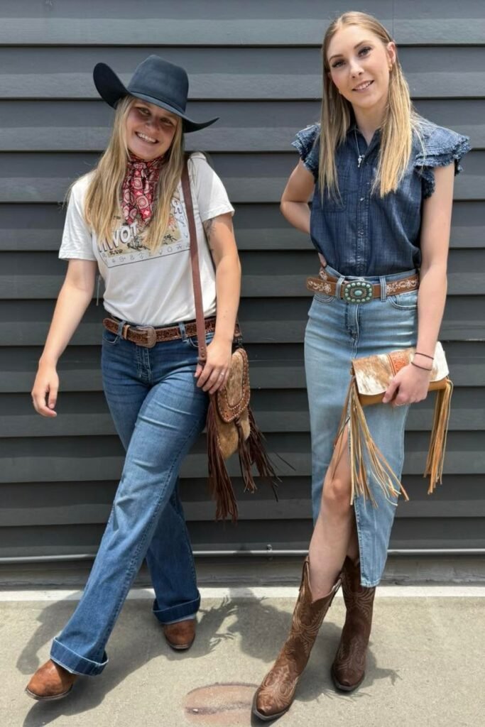 Black Cowboy Hat + Graphic T-shirt + Blue Flared Jeans + Brown Leather Boots (Left) / Blue Denim Shirt + Long Denim Skirt + Brown Embroidered Boots (Right)