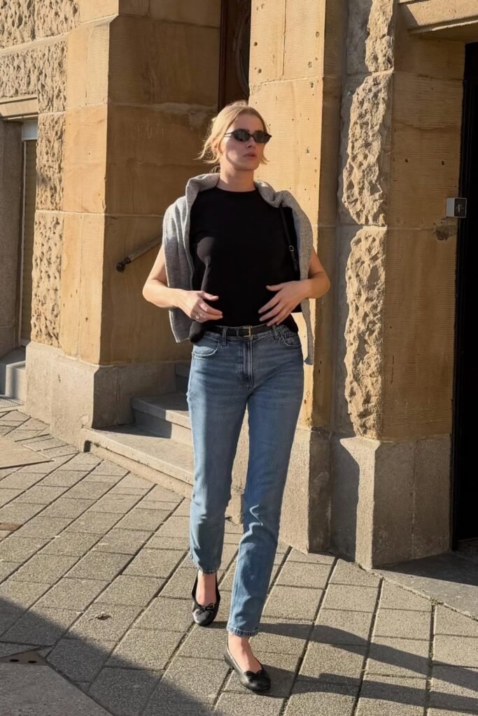 Black Crewneck T-Shirt + Grey Sweater (Draped) + Medium Wash Skinny Jeans + Black Ballet Flats