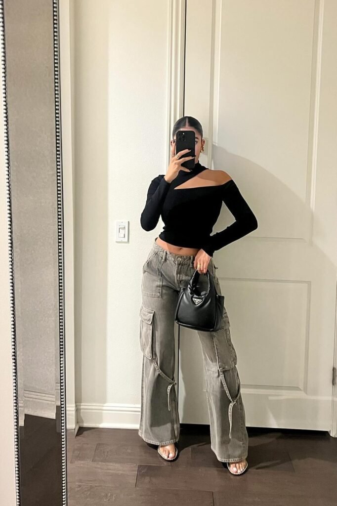 Black Cut-Out Long Sleeve Top + Grey Multi-Pocket Cargo Pants + Black Handbag + Clear Heeled Sandals