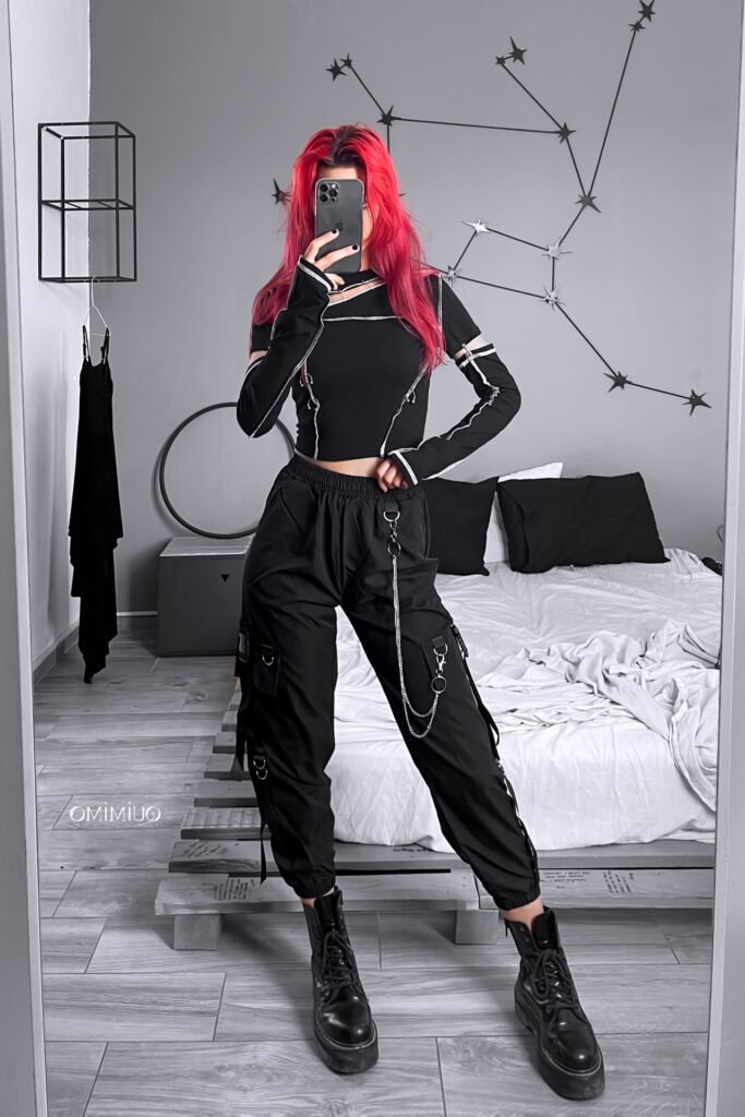 Black Cut-Out Long Sleeve Top with White Contrast Stitching + Black Cargo Joggers with Chain + Platform Lace-Up Boots