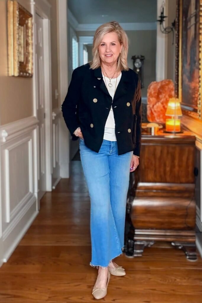 Black Double-Breasted Jacket + White T-shirt + Light Wash Raw-Hem Jeans + Tan Ballet Flats