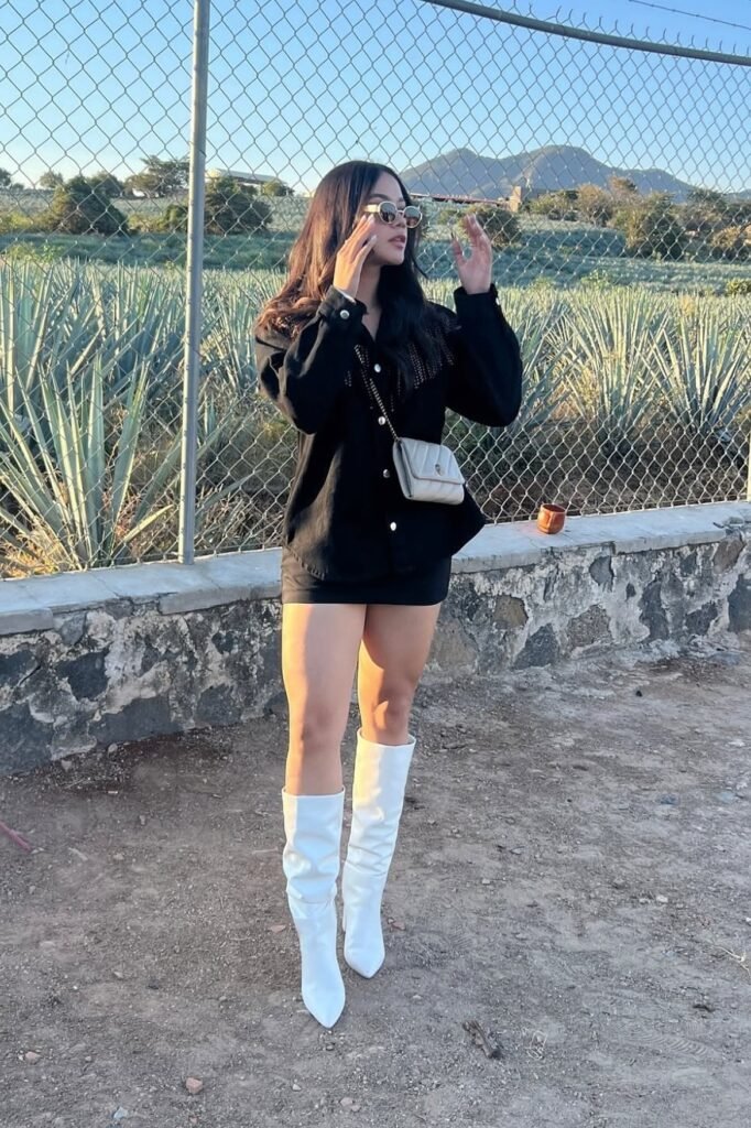 Black Embellished Button-Down Shirt + Black Mini Skirt + White Knee-High Boots