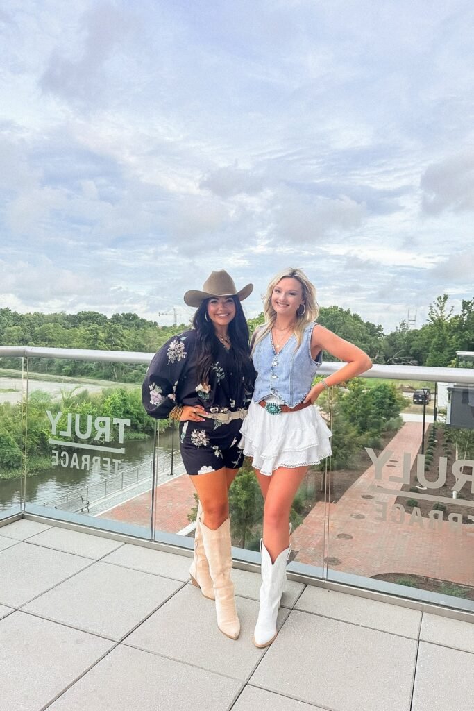Black Floral Romper + Tan Suede Boots (Left) / Light Blue Denim Vest + White Ruffled Skirt + White Tall Boots (Right)