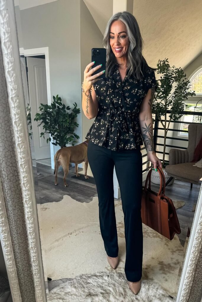 Black Floral Tie-Waist Blouse + Black Flared Trousers + Nude Pointed-Toe Pumps