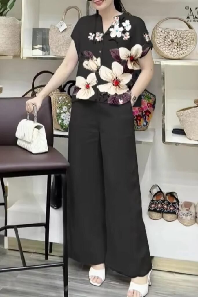 Black Floral V-Neck Blouse + Black Wide-Leg Trousers + White Strappy Heels