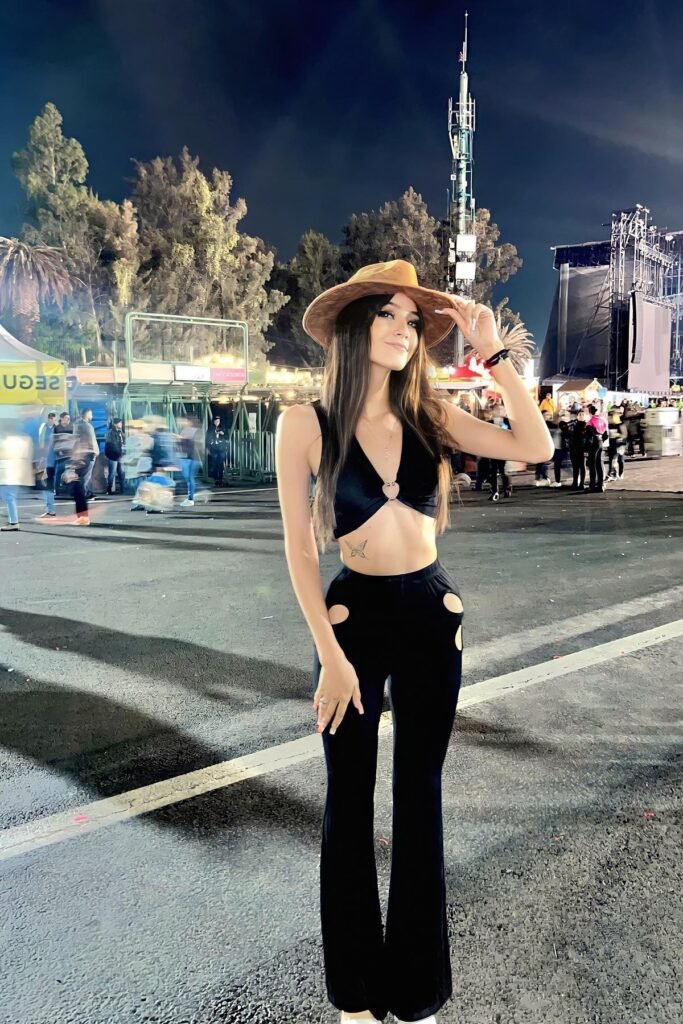 Black Heart-Cutout Crop Top + Black Cutout Flare Pants + Brown Wide-Brim Hat