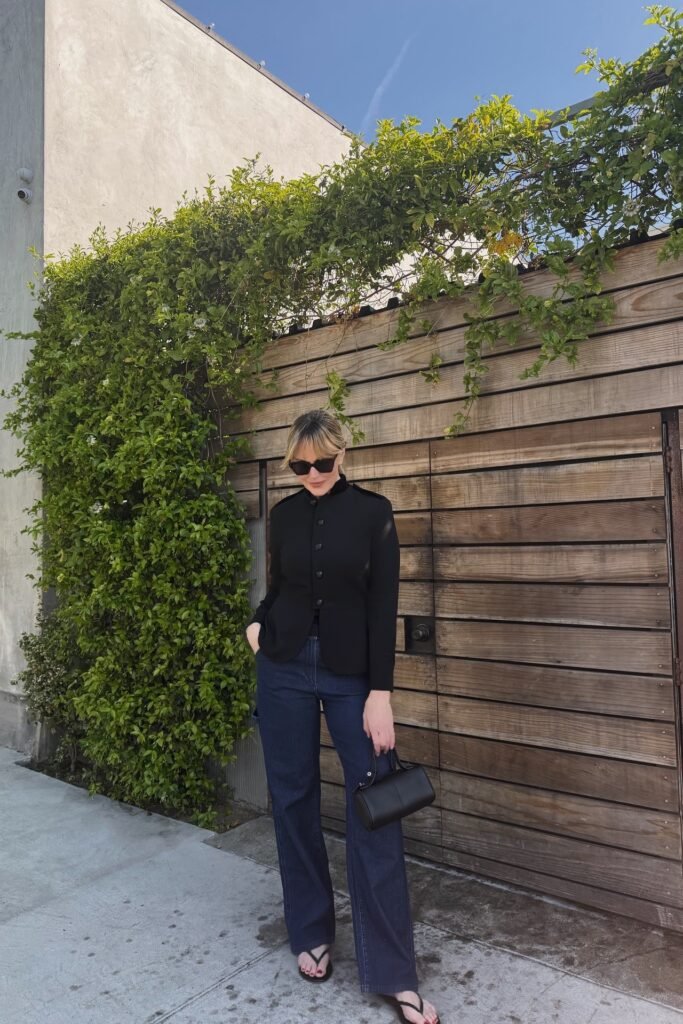Black High-Neck Buttoned Blazer + Dark Wash Wide-Leg Jeans + Black Thong Sandals