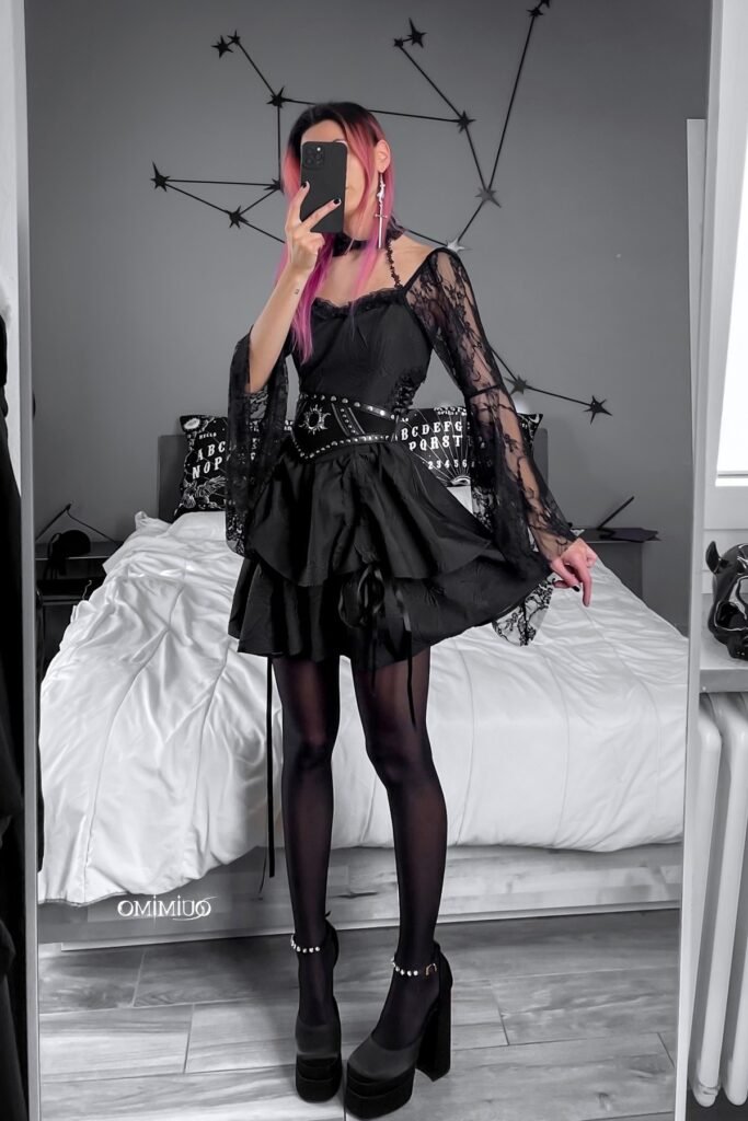 Black Lace Bell-Sleeve Dress + Celestial Studded Waist Belt + Sheer Black Tights + Pearl-Strap Platform Heels