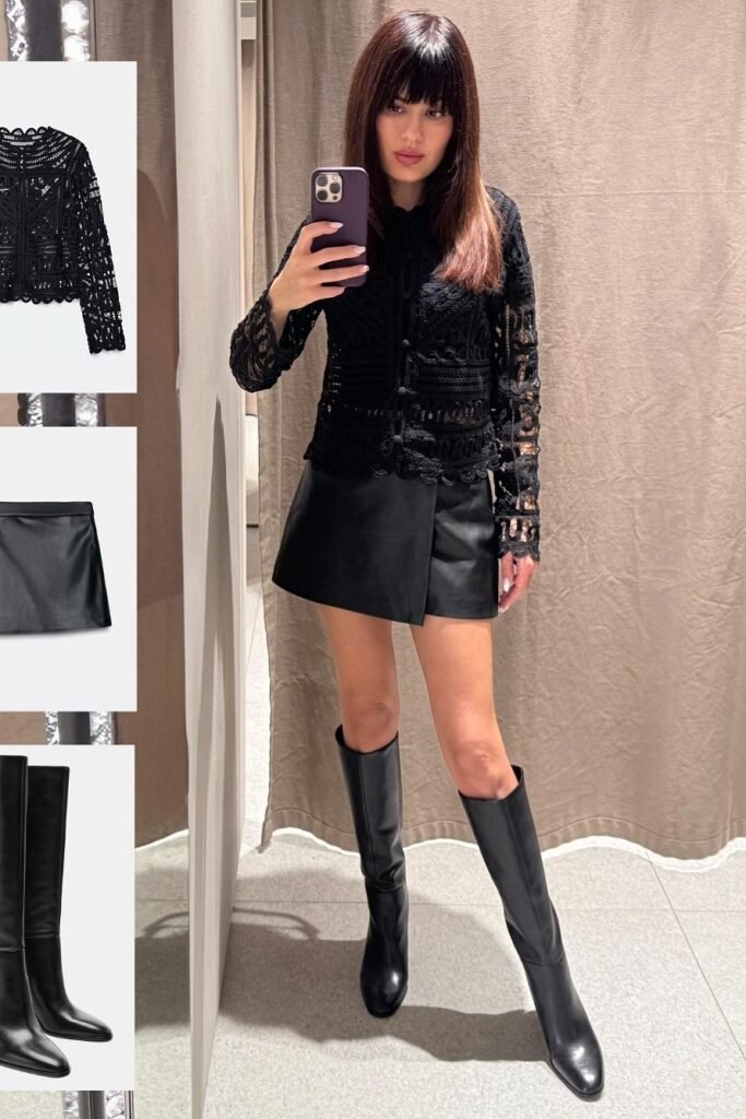 Black Lace Button-Up Shirt + Black Leather Mini Skirt + Black Knee-High Boots