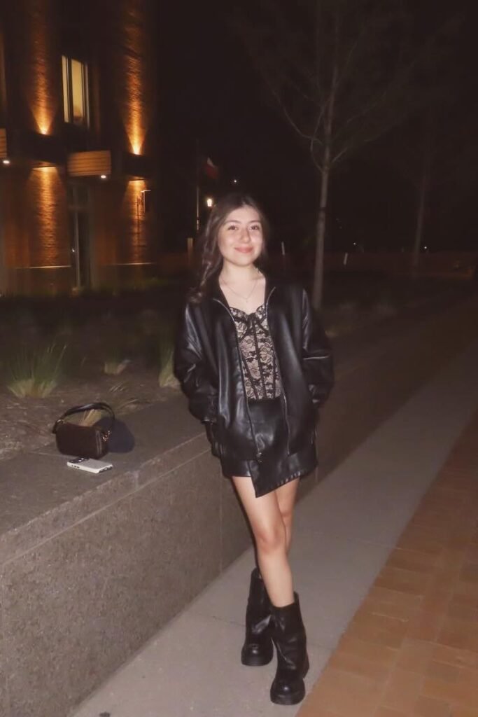 Black Lace Corset Top + Black Leather Oversized Jacket + Black Leather Mini Skirt + Black Platform Boots