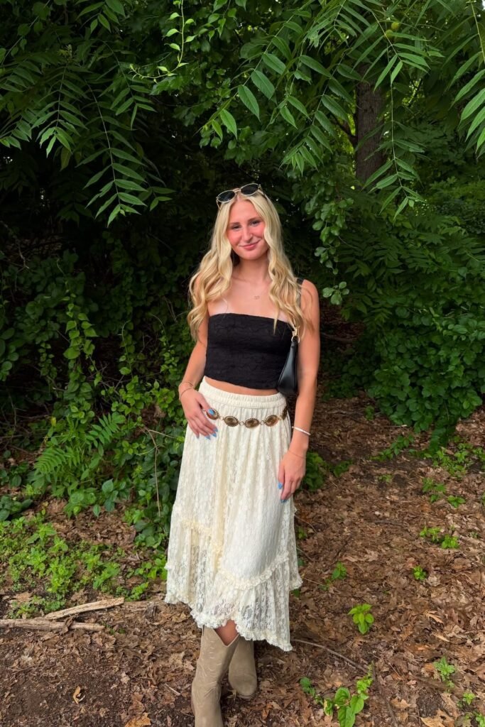Black Lace Tube Top + White Tiered Maxi Skirt + Beige Cowboy Boots