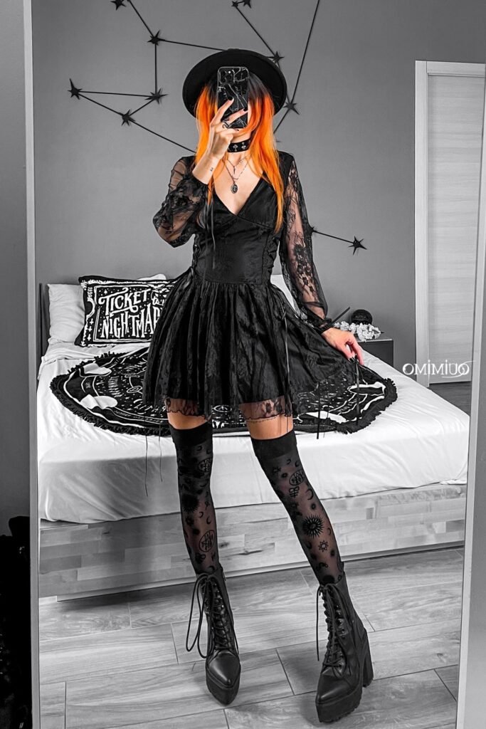 Black Lace V-neck Dress + Wide-brimmed Hat + Patterned Over-the-knee Socks + Pointed Platform Boots