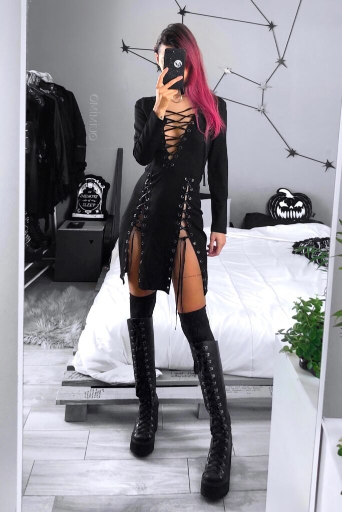 Black Lace-up Long-sleeve Dress + Over-the-knee Black Socks + Platform Combat Boots