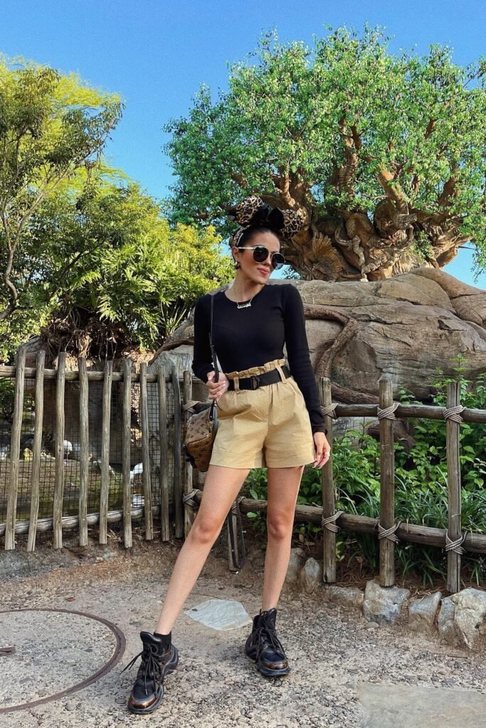 Black Long-Sleeve Bodysuit + Tan Paperbag Waist Shorts + Leopard Print Ears + Black Chunky Sneakers