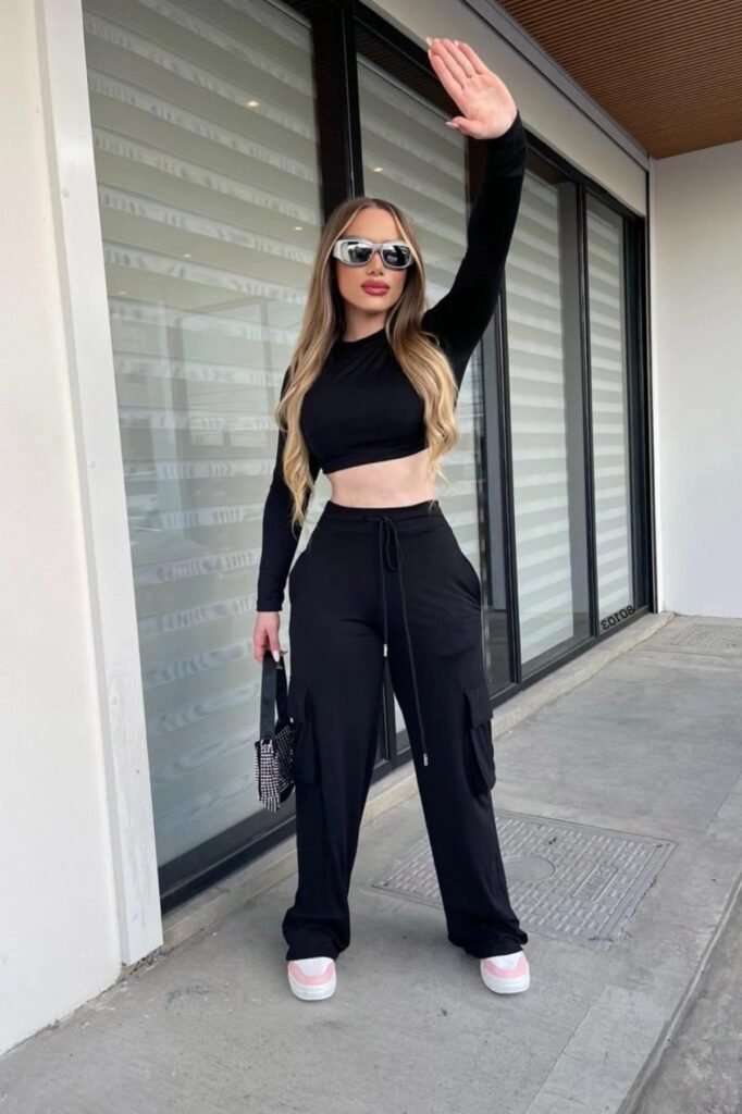Black Long-Sleeve Crop Top + Black Cargo Joggers + White and Pink Sneakers