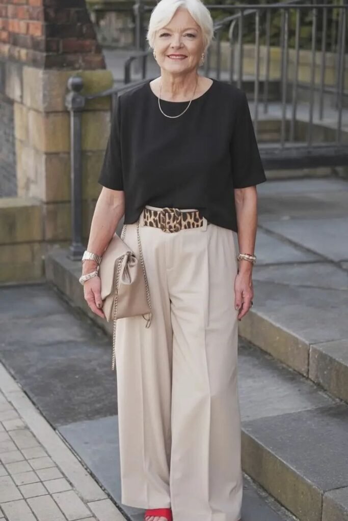 Black Loose-Fit Tee + Sand-Colored Wide-Leg Trousers + Leopard Print Waist Belt