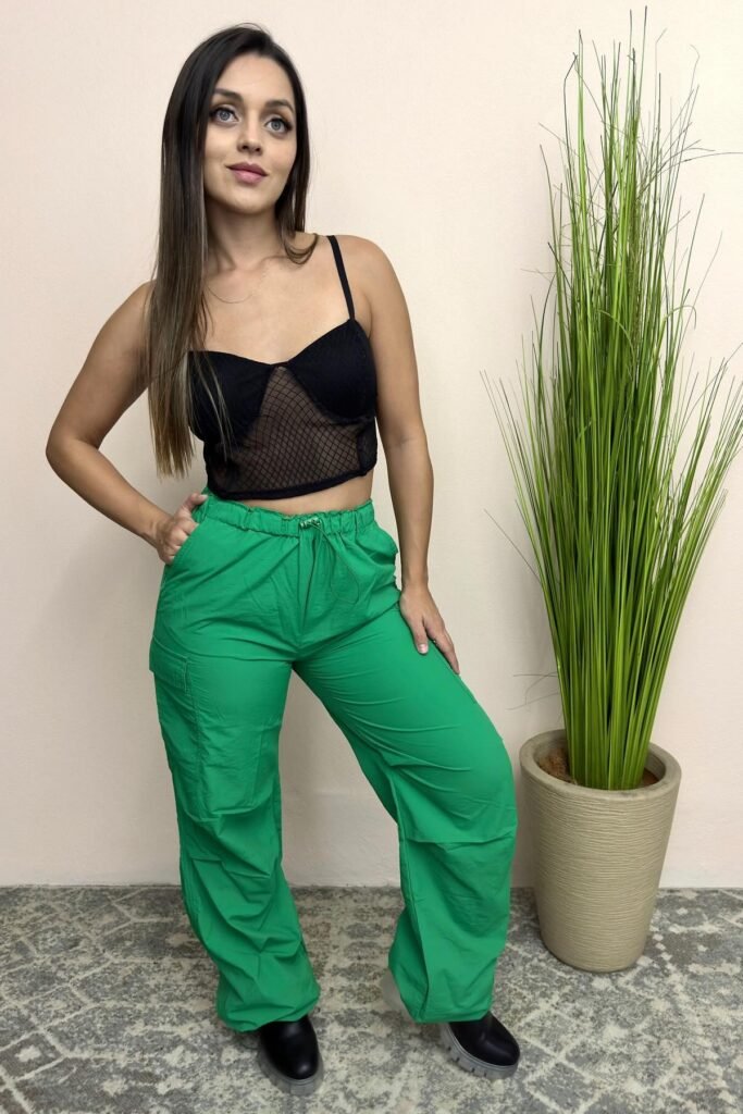 Black Mesh Bustier Crop Top + Bright Green Cargo Joggers + Black Lug-Sole Boots