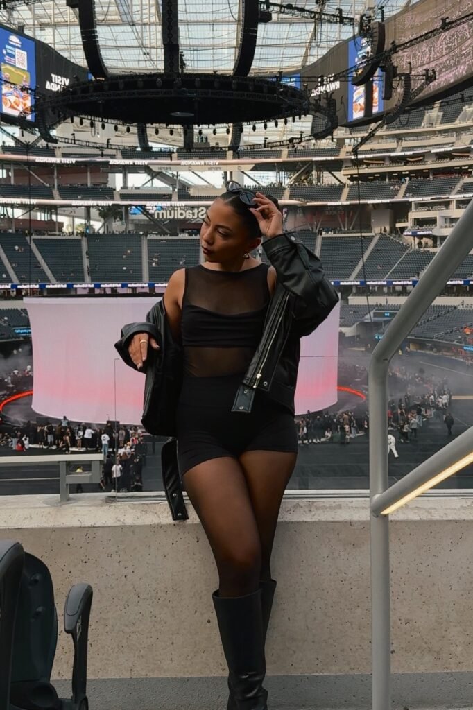 Black Mesh Panel Bodysuit + Black Biker Shorts + Black Knee-High Boots