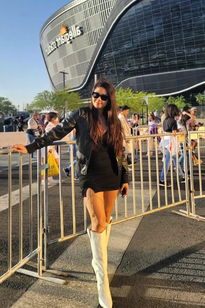 Black Mini Dress + Black Leather Jacket + White Knee-High Boots