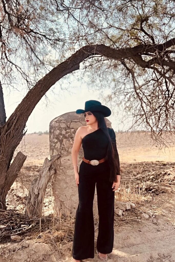 Black One-Shoulder Jumpsuit + Brown Leather Belt + Black Cowboy Hat