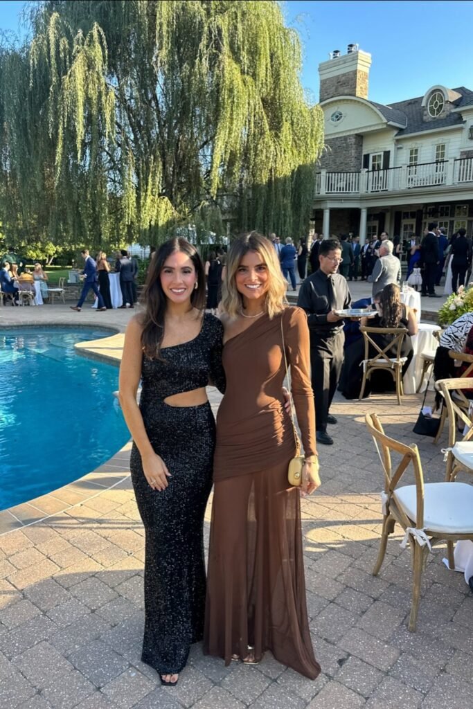 Black One-Shoulder Sequin Gown + Black Sandals