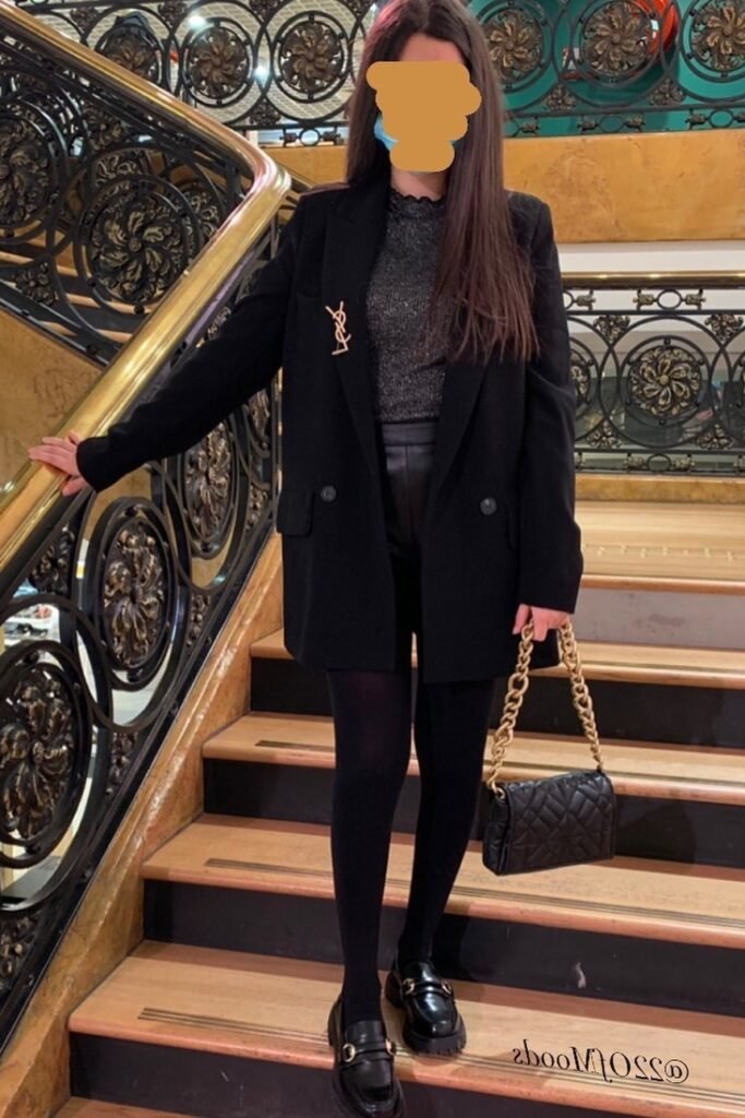 Black Oversized Blazer + Grey Sparkly Mock Neck Top + Black Tights + Black Chunky Loafers