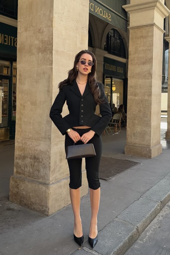 Black Peplum Button-Up Blazer + Black Capri Leggings + Black Pointed-Toe Pumps