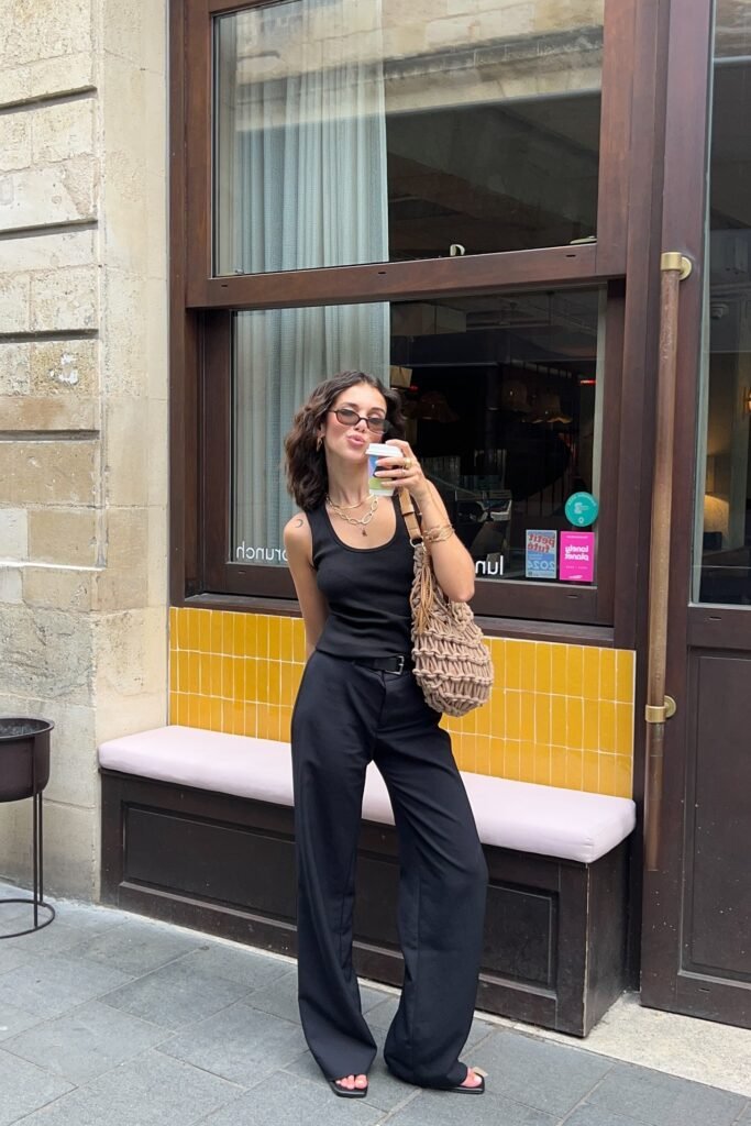 Black Ribbed Tank Top + Black Wide-Leg Trousers + Black Square-Toe Sandals