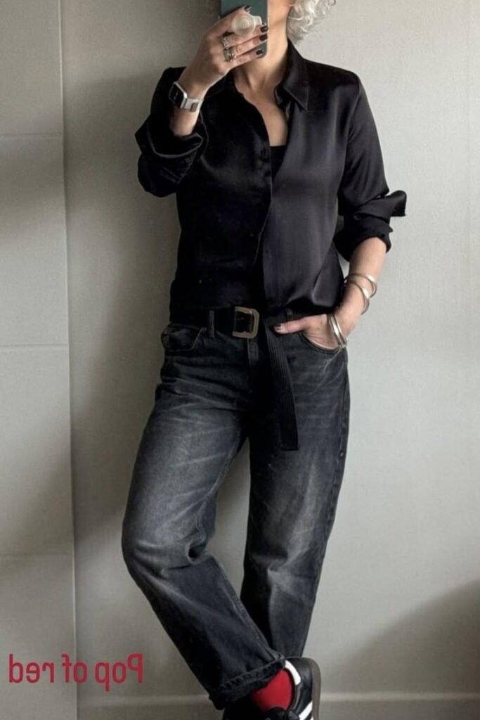 Black Satin Button-Down + Black Tank Top + Faded Black Relaxed Jeans