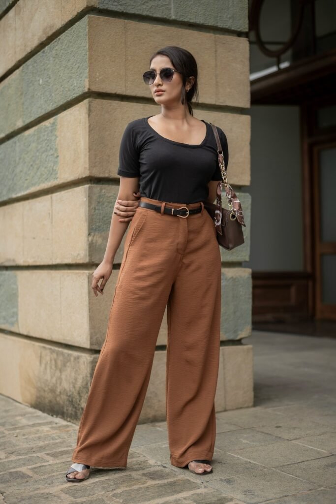 Black Scoop-Neck T-Shirt + Terracotta Wide-Leg Trousers + Black Strappy Sandals
