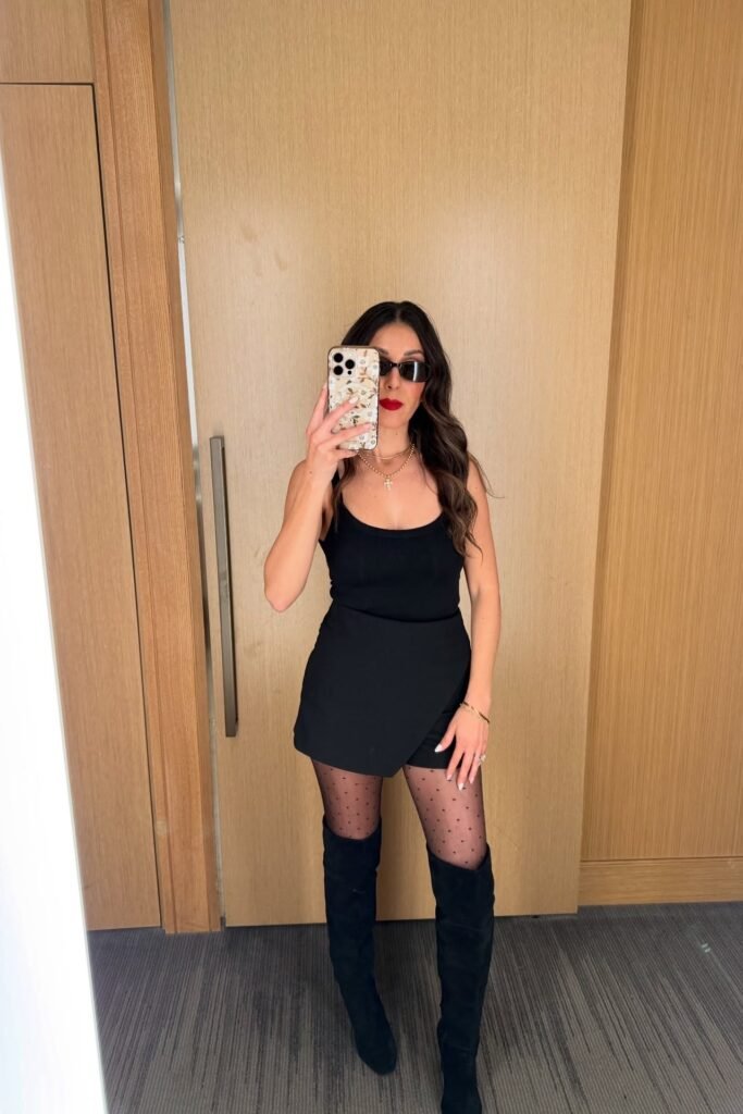 Black Scoop Neck Tank Top + Black Mini Skort + Polka Dot Tights + Black Over-the-Knee Boots