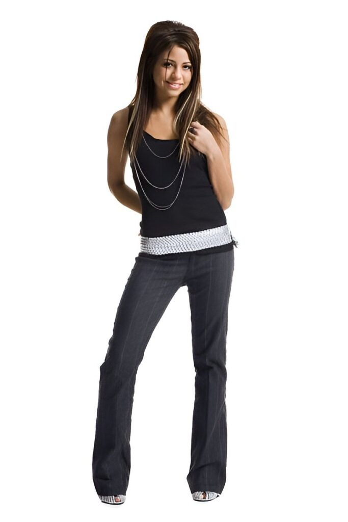 Black Scoop Neck Tank Top + Dark Grey Pinstripe Flare Trousers + Silver Sequin Belt