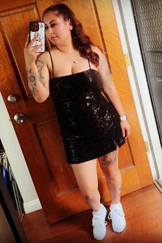 Black Sequin Mini Dress + White Sneakers