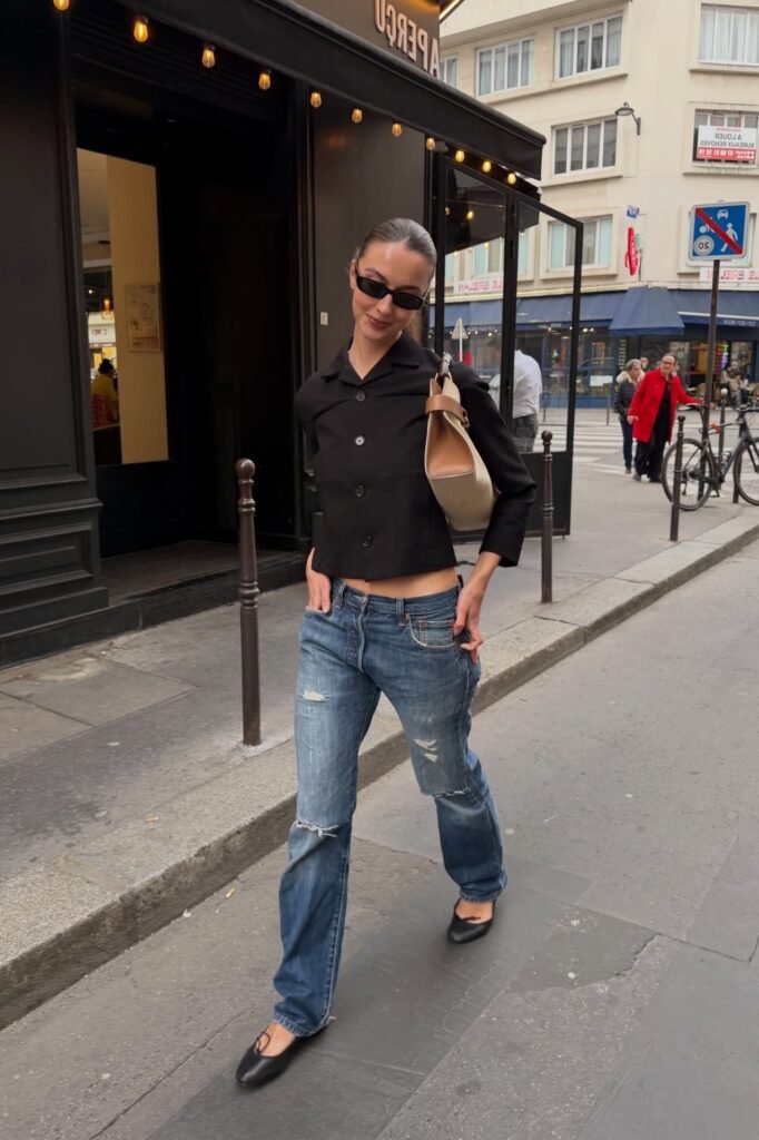 Black Short-Sleeve Button-Down + Distressed Medium Wash Straight Jeans + Black Ballet Flats