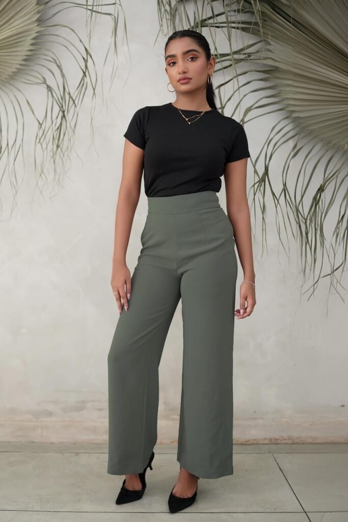 Black Short-Sleeve Fitted Tee + Dark Sage High-Waisted Trousers + Black Pointed-Toe Pumps