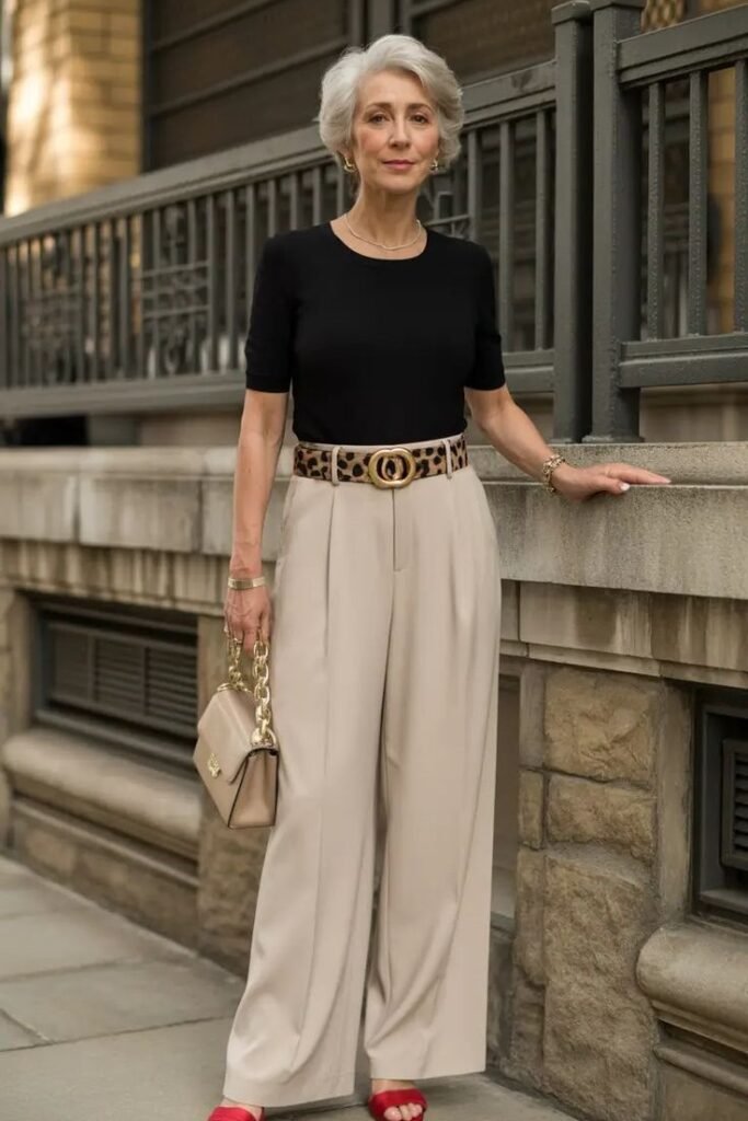 Black Short-Sleeve Knit Top + Beige Wide-Leg Trousers + Leopard Print Belt