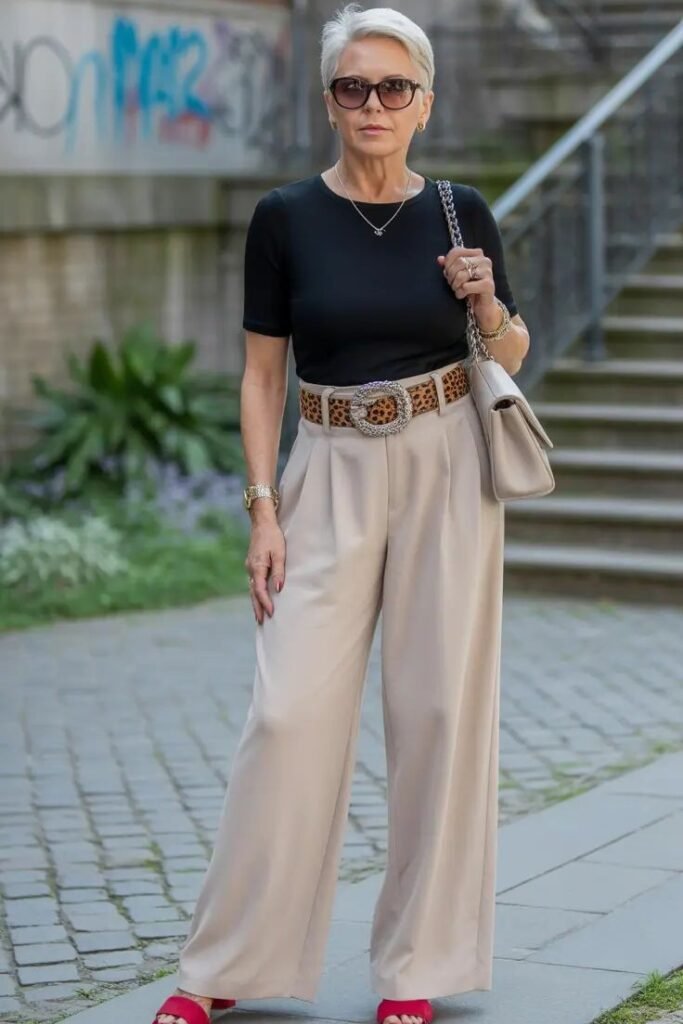 Black Short-Sleeve Top + Beige High-Waisted Trousers + Leopard Print Belt + Red Sandals